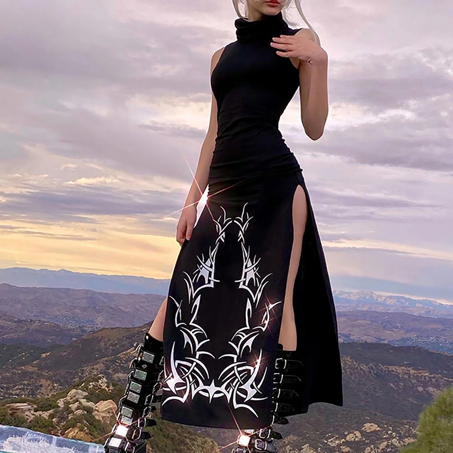 Sexy High Split Gothic Style Long Dress Turtleneck Maxi Dress