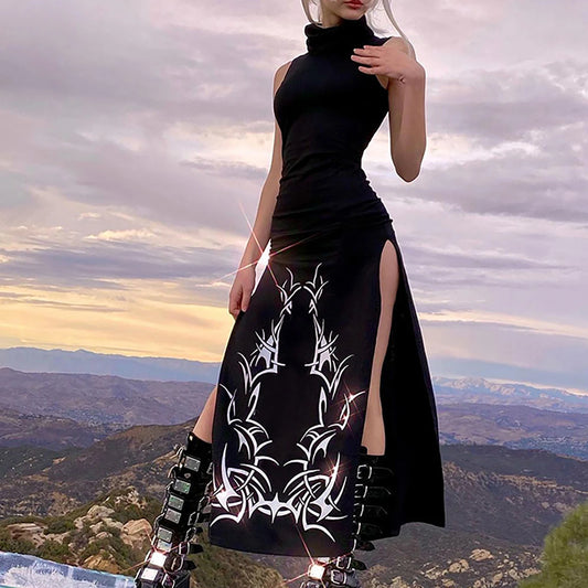 Sexy High Split Gothic Style Long Dress Turtleneck Maxi Dress