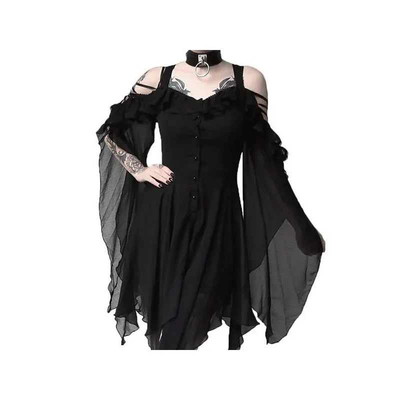 Gothic Medieval Blue Flared Sleeve Dress Wiccan Witch Costume