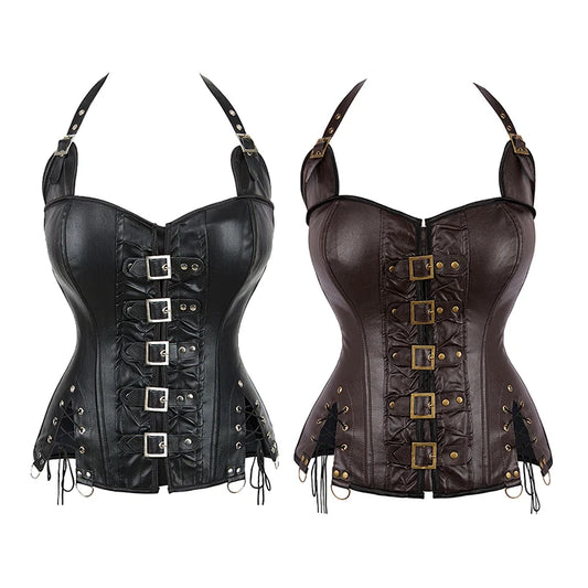 Steampunk Metal Buckle Corset Vest Basques Faux Leather Overbust Halter Bustier Top Costume