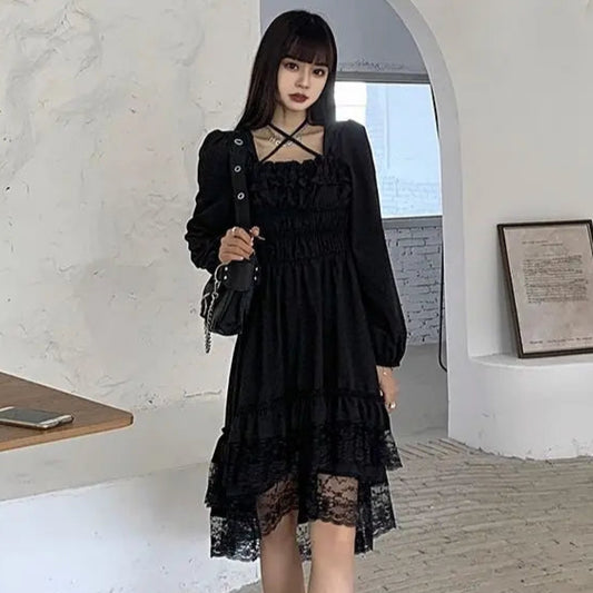 Cute Gothic Black Fairy Lace Ruffles Dress