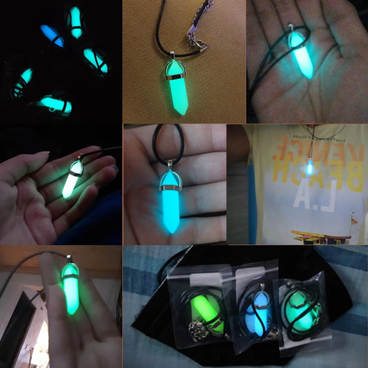 Luminous Stone Fluorescent Necklace Natural Crystal Glow in the Dark Bullet Pendant Leather Cord