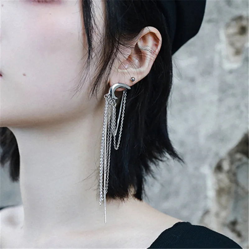 Silver Metal Punk Long Tassel Rhinestone Drop Chain Dangle Earrings Jewelry