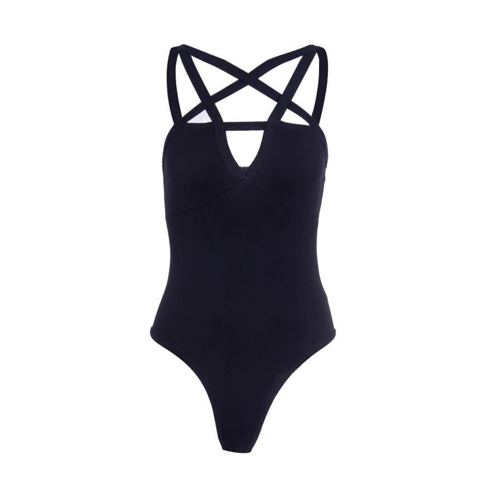 Black Sexy Gothic Pentagram Bodysuit Romper