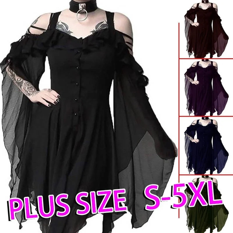 Gothic Medieval Red Flared Sleeve Dress Wiccan Witch Costume