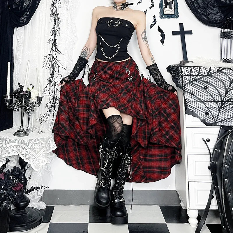 Gothic Punk Mid Long Plaid Tartan Grunge Skirt