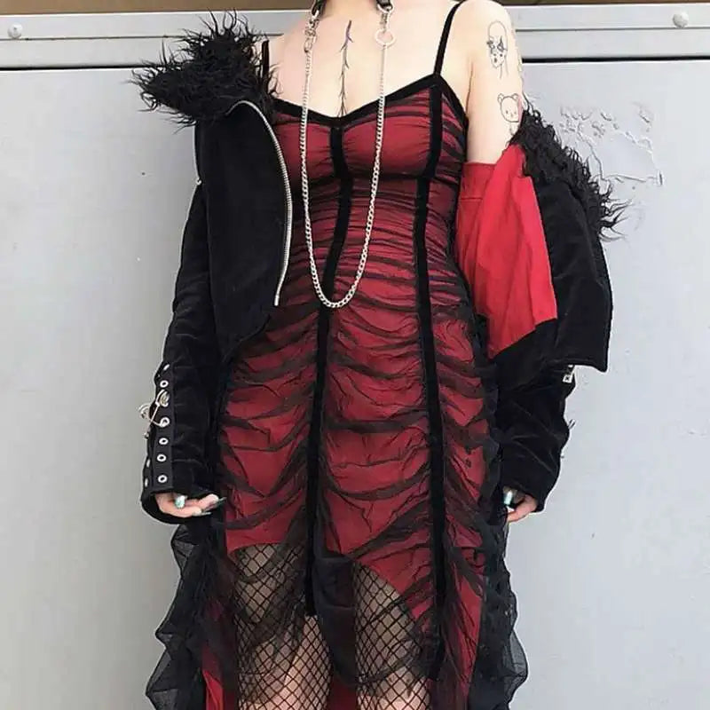 Alternative Gothic Red Black Ruffle Occasion Dress