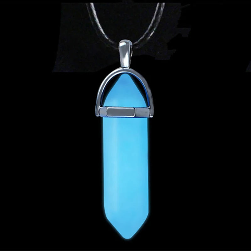Luminous Stone Fluorescent Necklace Natural Crystal Glow in the Dark Bullet Pendant Leather Cord