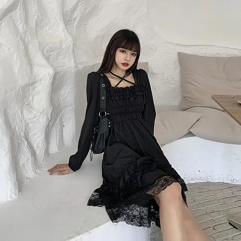 Cute Gothic Black Fairy Lace Ruffles Dress