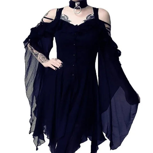 Gothic Medieval Blue Flared Sleeve Dress Wiccan Witch Costume