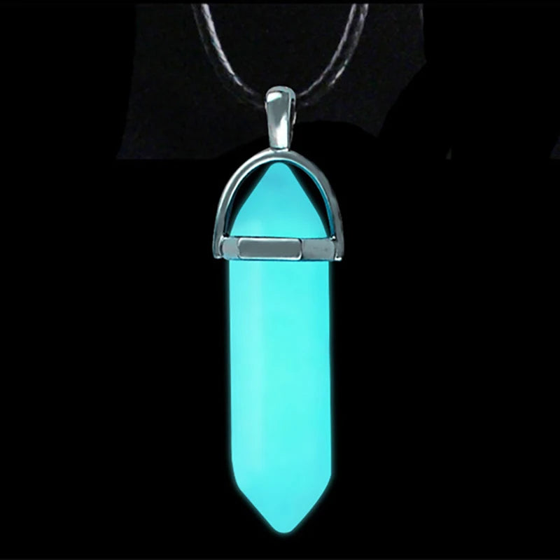 Luminous Stone Fluorescent Necklace Natural Crystal Glow in the Dark Bullet Pendant Leather Cord