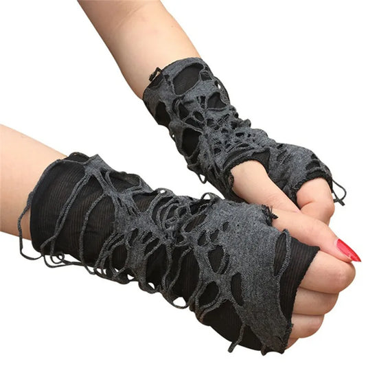 Gothic Fingerless Gloves Halloween Arm Warmers Black Ripped