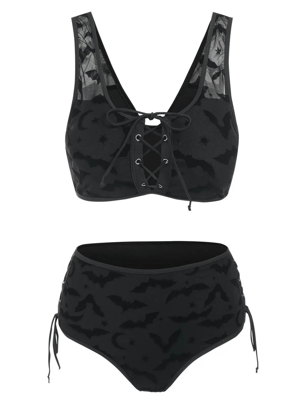 Gothic Black Mesh Bat Print Vintage Style Padded Bikini Swimwear Beachwear