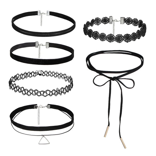 6Pcs/set Gothic Tattoo Black Lace Leather Velvet Collar 90S Punk Style Choker Necklaces