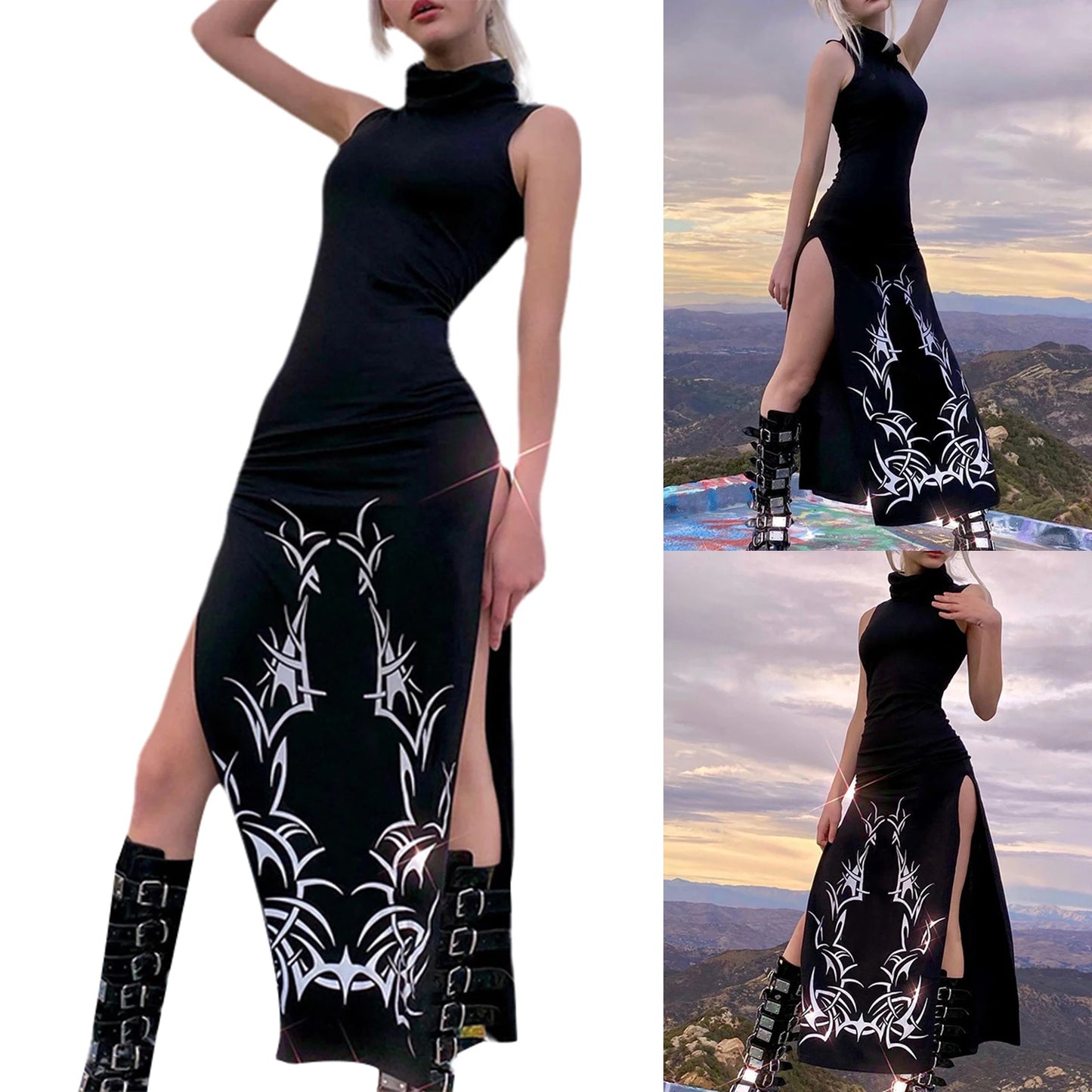 Sexy High Split Gothic Style Long Dress Turtleneck Maxi Dress