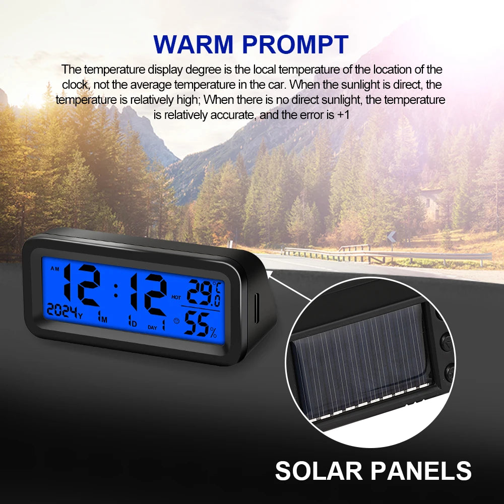 Digital Car Clock Solar/USB Powered Dashboard Garden LCD Backlit
