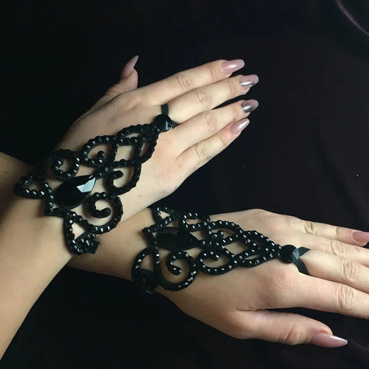 Gothic Black Crystal Bracelet Link Wrist Chain Finger Hand Jewellery