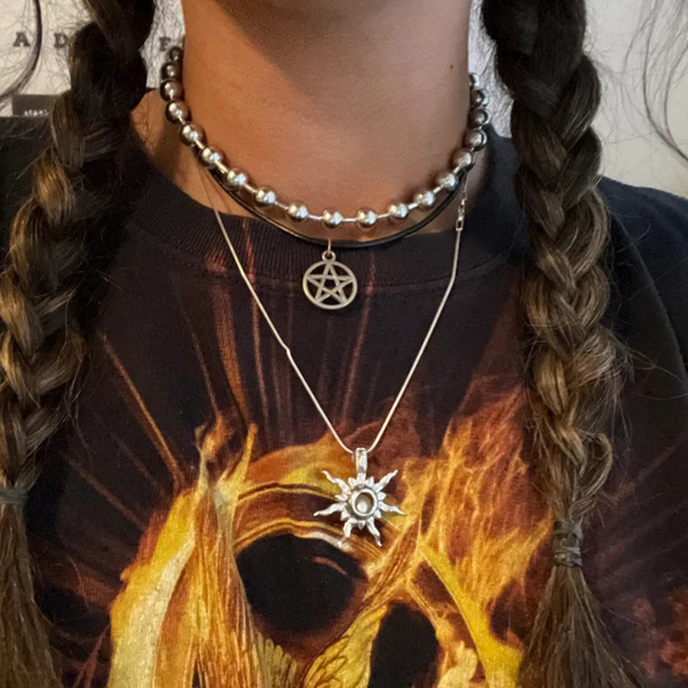 Grunge Y2K Statement Oversized 10mm Ball Chain Choker Necklace Silver Plated Gothic Chunky Jewelry