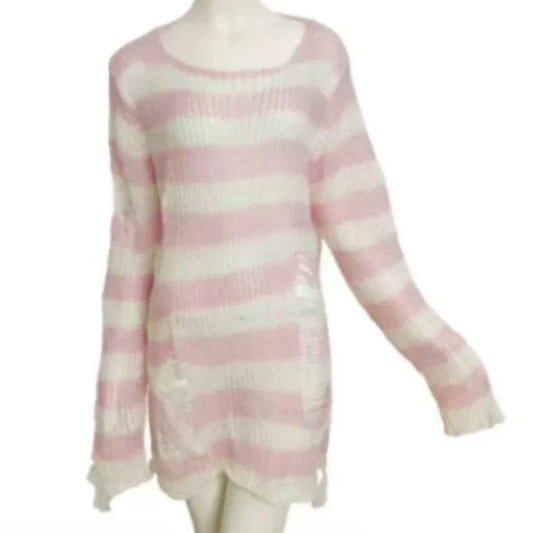 Pink White Punk Gothic Long Unisex Sweater Striped Jumper