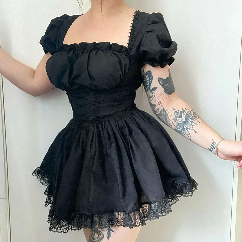 Gothic Black Princess Mini Dress Lace Up Corset Puff Sleeves