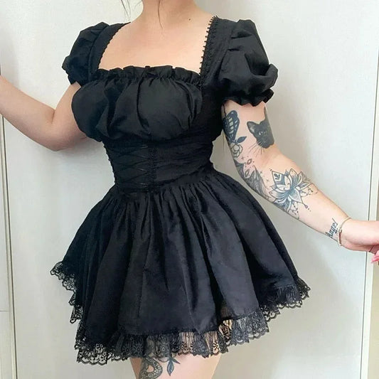 Gothic Black Princess Mini Dress Lace Up Corset Puff Sleeves