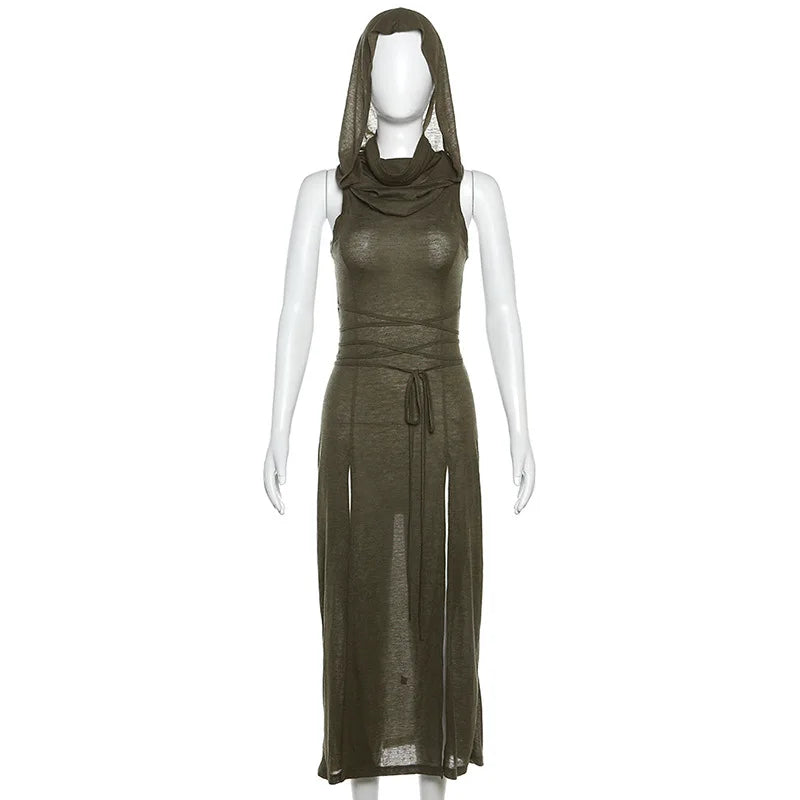 Gothic Ruffles Grunge Mesh Ripped Sleeveless Long Hooded Dress