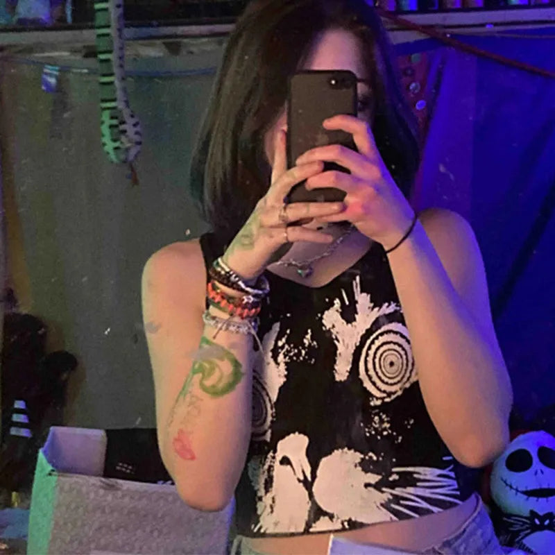 Cute Grunge Black Gothic Cat Kawaii Crop Tank Top Vest TShirt