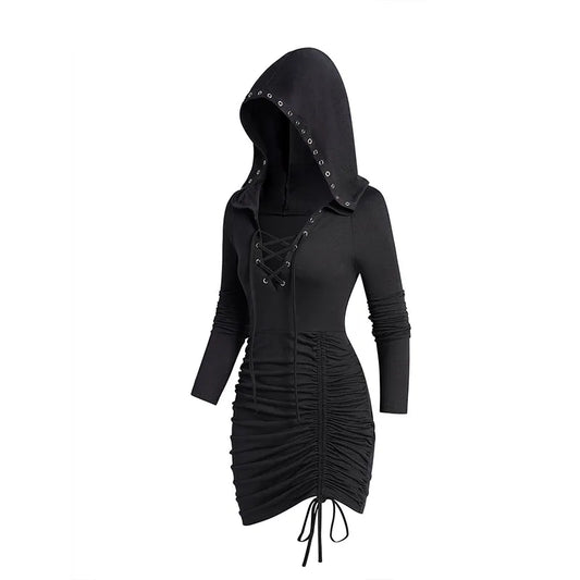 Black Gothic Hooded Dress Lace up Ruched Mini Dress