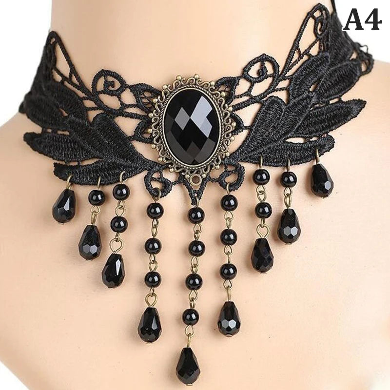 Gothic Chokers Crystal Black Lace Collar Necklace Vintage Victorian