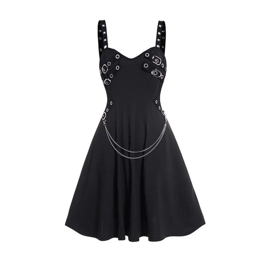 Black Gothic Studded Chain Swing Skater Dress