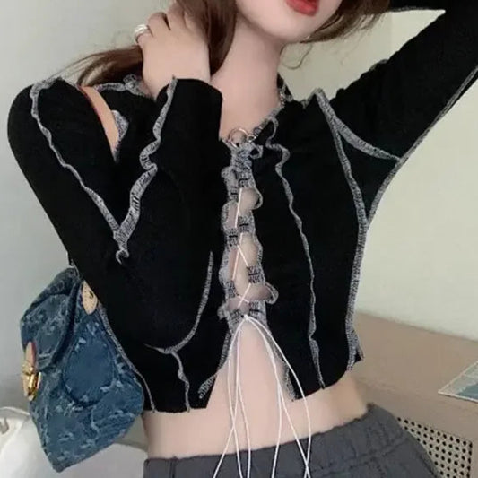 Sexy Drawstring Black Lace up Y2K Punk Crop Top