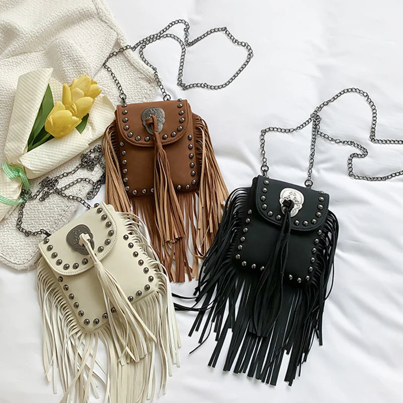Boho Hippie Punk Skull Tassel Riveted Leather Shoulder Bag Handbag