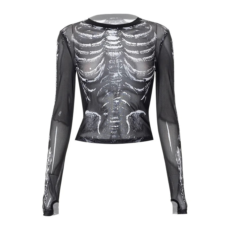 Gothic Punk Skeleton Print Sheer Long Sleeve Top