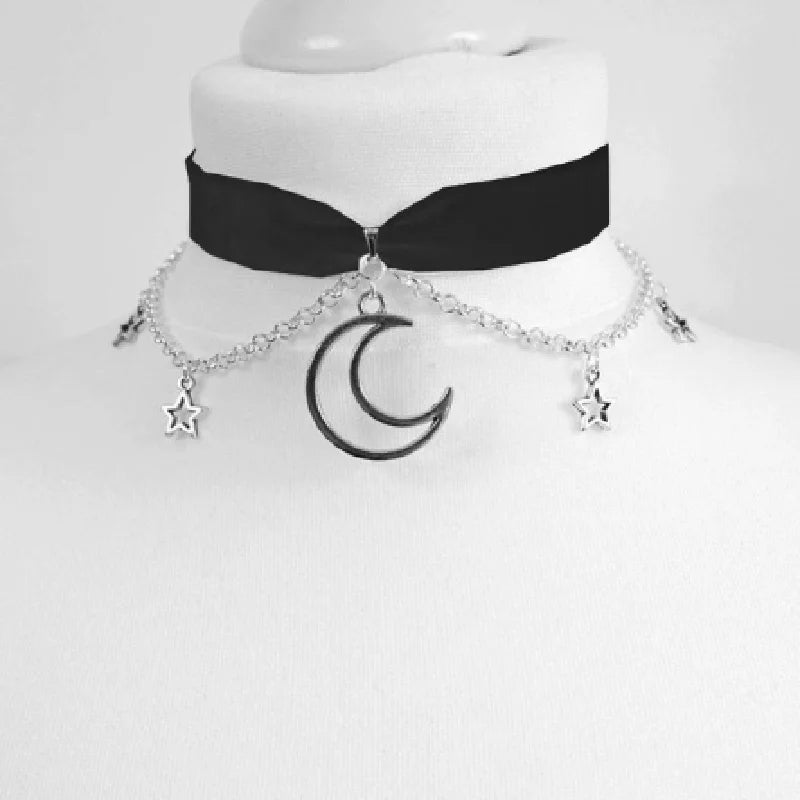 Gothic Chain Crescent Moon and Stars Choker Witch Necklace Silver Pendant Pagan