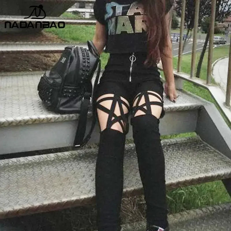 High Waist Gothic Hollow Out Pants Goth Sexy Pentagram Y2K Trousers