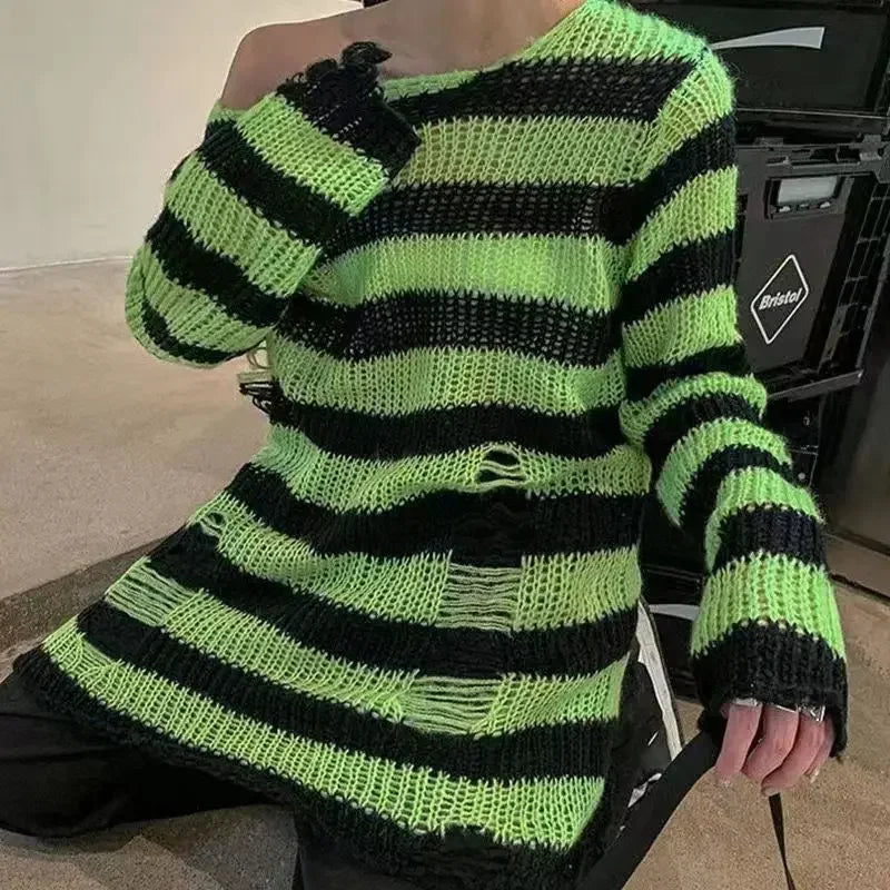 Purple Black Gradient Punk Gothic Long Unisex Sweater Striped Jumper