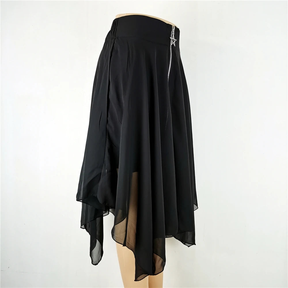 Gothic Black Net Pentagram Midi Long Layered Skirt