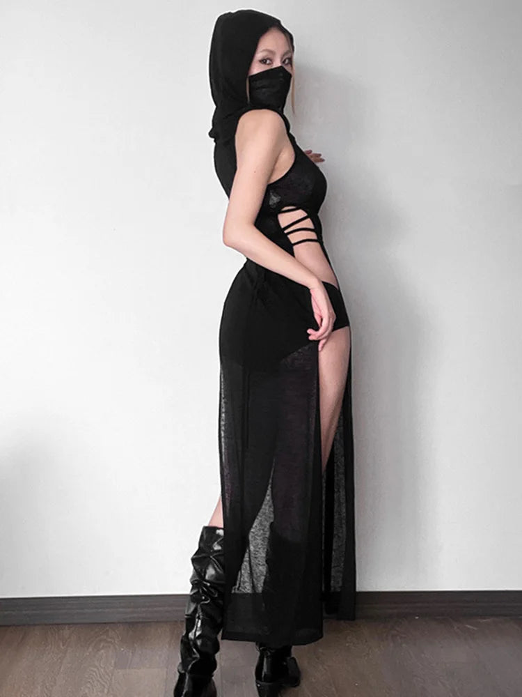 Sexy Mesh Sheer Knitted Hooded Black Cyberpunk Dress