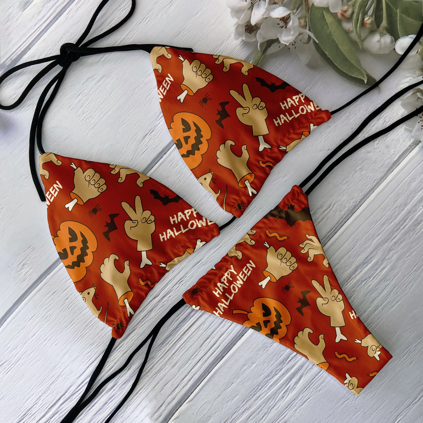 Sexy Halloween Gothic Skeleton Print Halter Bikini Swimwear