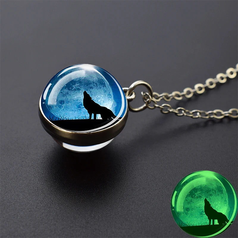 Glow in the Dark Wolf Necklaces Howling Wolf Head and Moon 2CM Glass Ball Pendant Double Sided