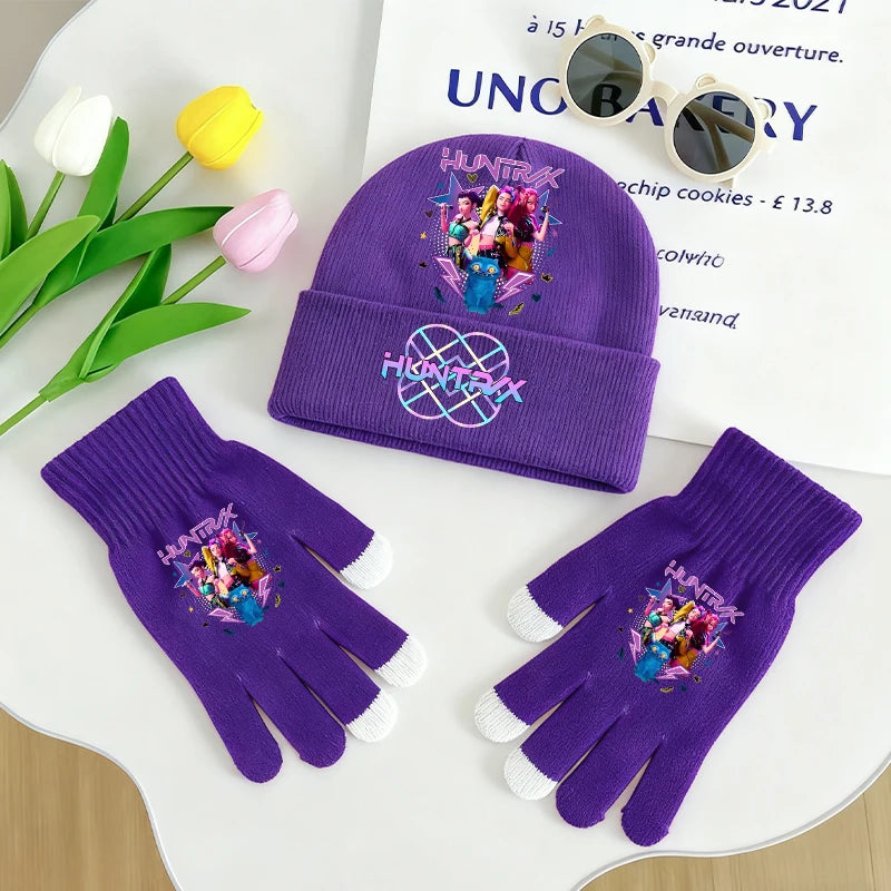 KPop Demon Hunters Knitted Hats Gloves 2pcs Set Huntrix Clothes Gifts