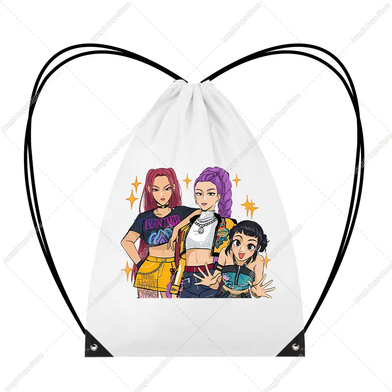 KPop Demon Hunters Merch Drawstring Bags Swim Sports PE Kit Book Bag Huntrix Rumi Derpy Gift Tiger