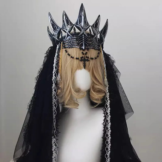 Gothic Queen Dark Crown Black Lace Veil Headdress Women Anime Accessories Cosplay Props  Lolita Hair Accessories