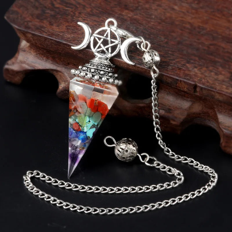 Natural Stone Crystal Reiki Pendulum Three Phases Moon Hexagonal Cone Amethysts Charms
