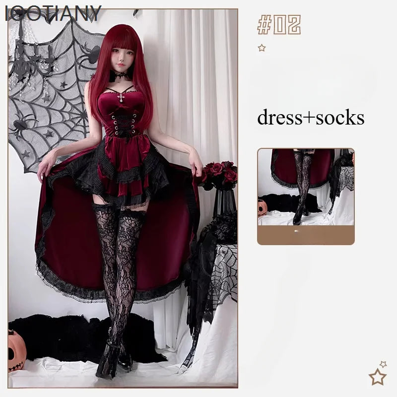 Halloween Dark Gothic Ladies Victorian Red Velvet Dress Costume