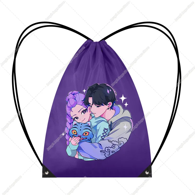 KPop Demon Hunters Merch Drawstring Bags Swim Sports PE Kit Book Bag Huntrix Rumi Derpy Gift Tiger