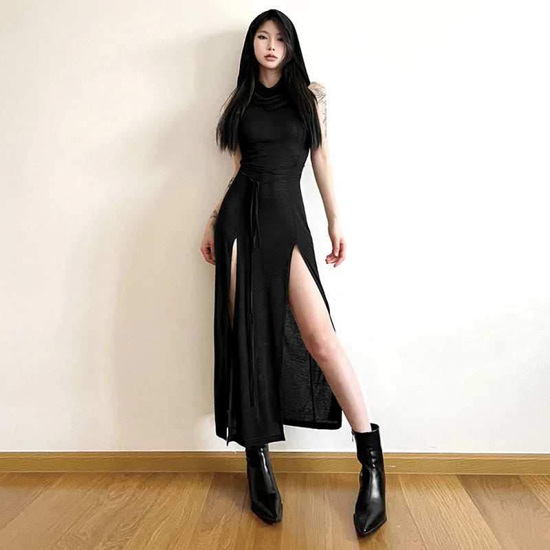 Gothic Ruffles Grunge Mesh Ripped Sleeveless Long Hooded Dress