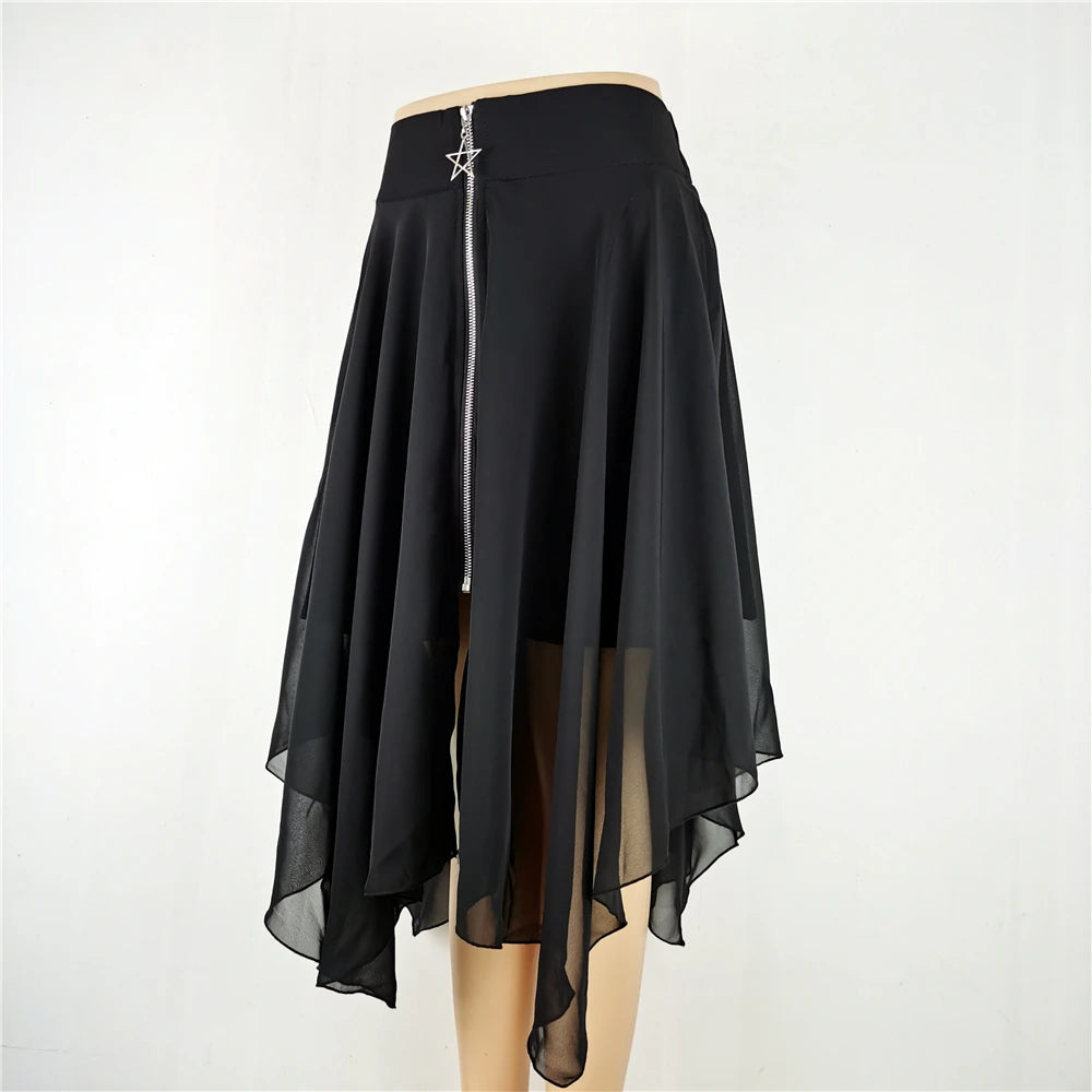 Gothic Black Net Pentagram Midi Long Layered Skirt