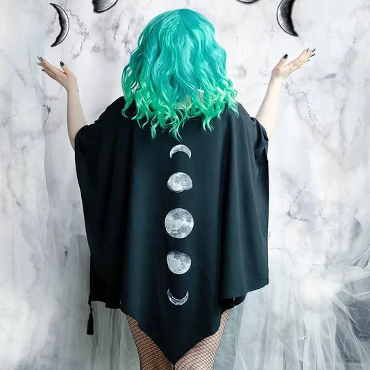 Pagan Gothic Black Retro Moon Print Tassel Cloak Poncho