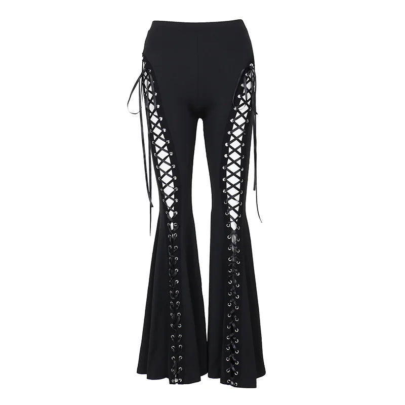 Gothic Pants Black Cyber Punk Lace Up High Waist Flare Pants Rockstar Trousers